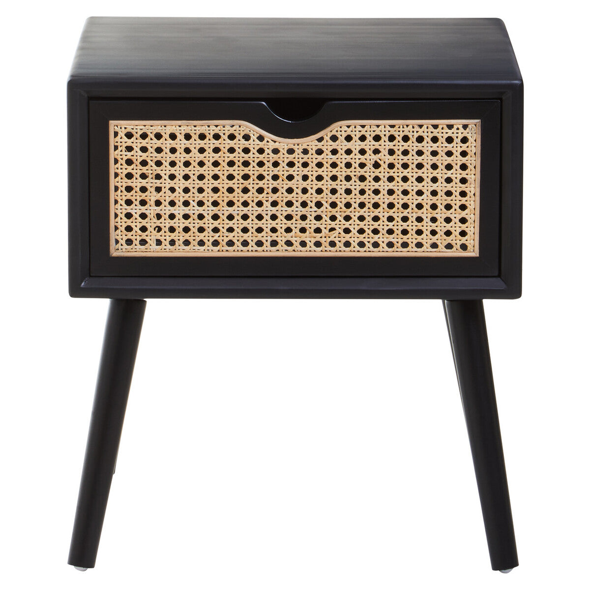 Black side table with a woven drawer on a white background