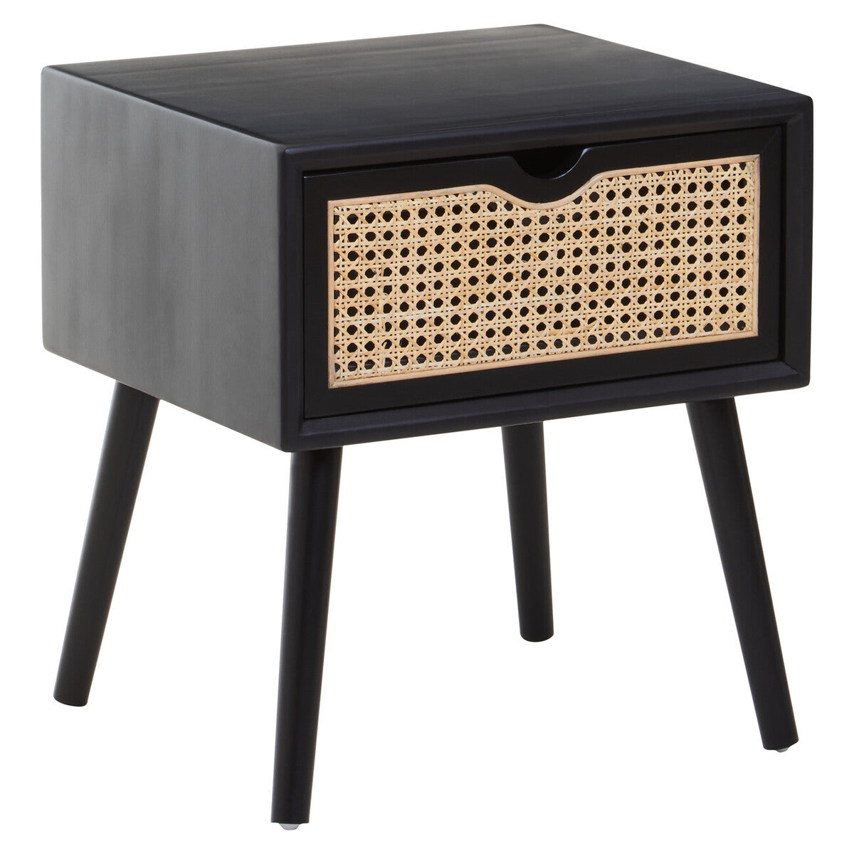 Black Elm Wood Side Table with Natural Cane Weave 1 Drawer and Angular Legs, Cebu