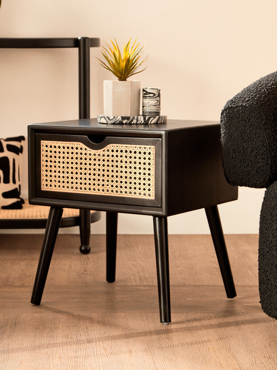 Black Elm Wood Side Table with Natural Cane Weave 1 Drawer and Angular Legs, Cebu