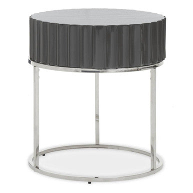 Grey Gloss Round Fluted Top Side Table with Silver Stainless Steel Frame, Genoa