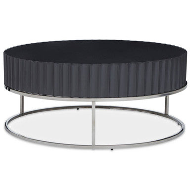 Round coffee table with black top and glass bottom on a white background