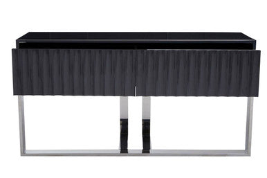 Black console table with silver base on a white background