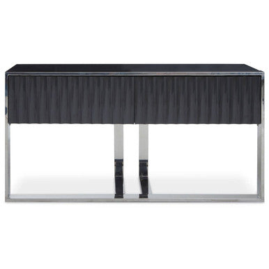 Grey Gloss Finish Fluted Top Console Table with 2 Drawers and Silver Steel Frame, Genoa