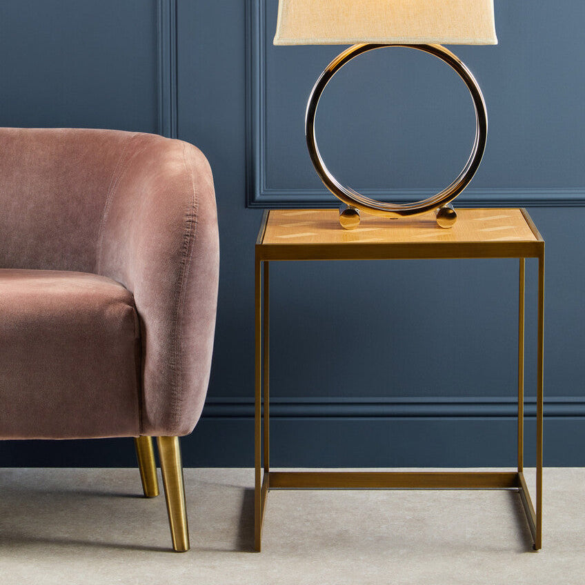 Natural Oak Veneer Large Side Table with Brown Brushed Brass Steel Sledge Base, Grenoble