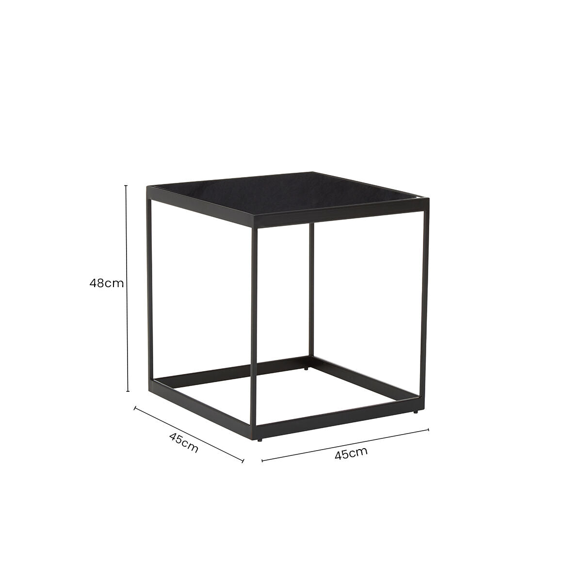 Black Square Side Table with White Marble Inlay Line and Powder-Coated Metal Frame, Genoa