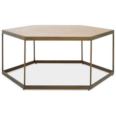 Hexagonal coffee table with wooden top and metal frame on a white background
