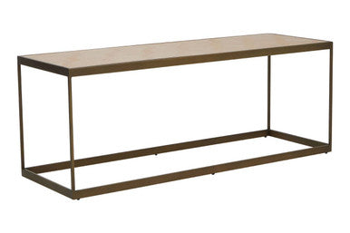 Long rectangular table with a metal frame on a white background