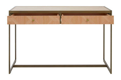 Wooden desk with two drawers on a white background