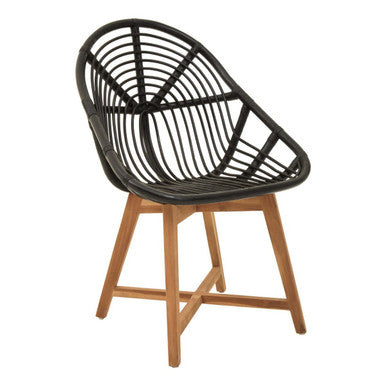 Chair with black woven backrest and wooden legs on a white background