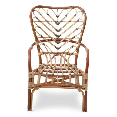 Wicker chair with a decorative backrest on a white background