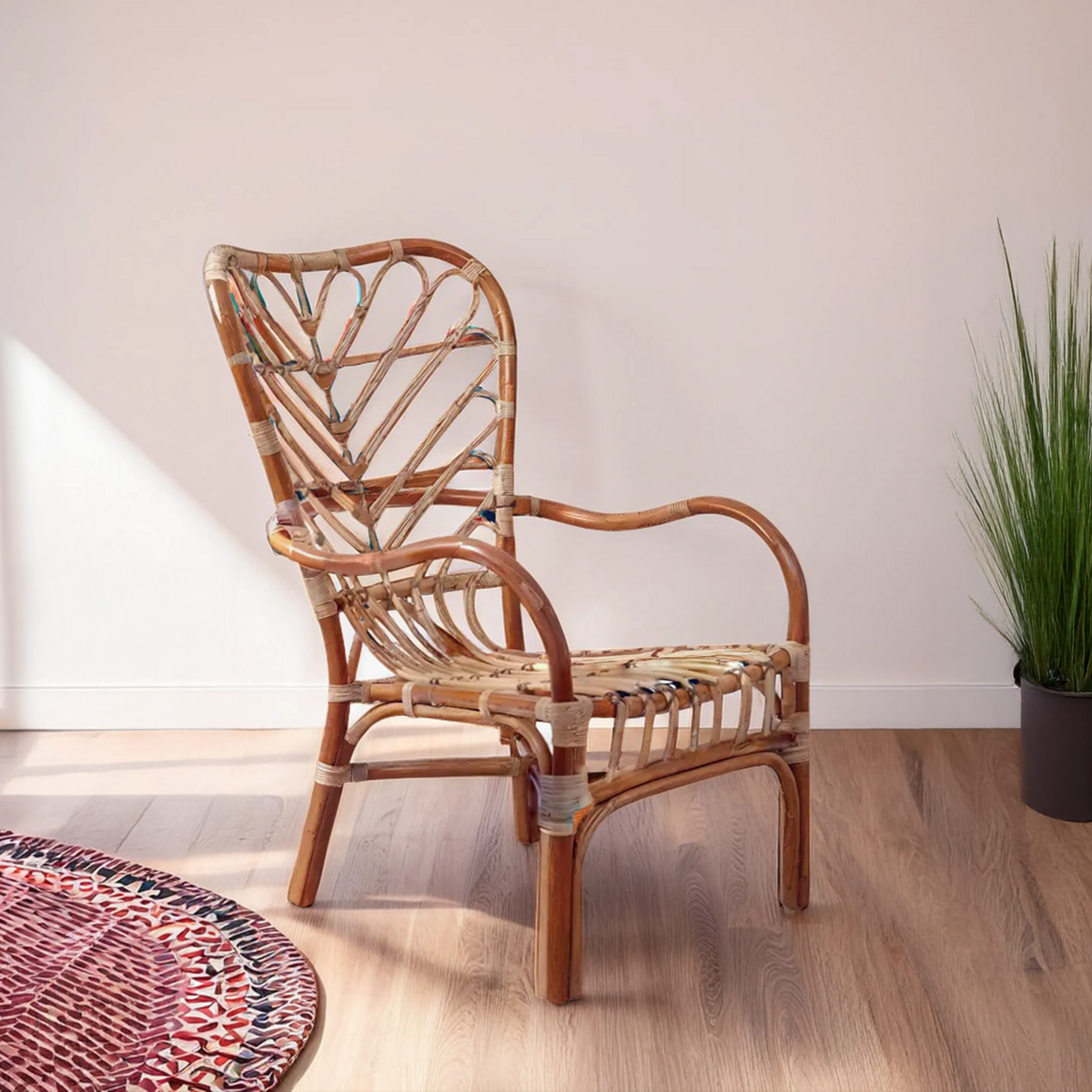 Wicker chair in a room with a plant and rug
