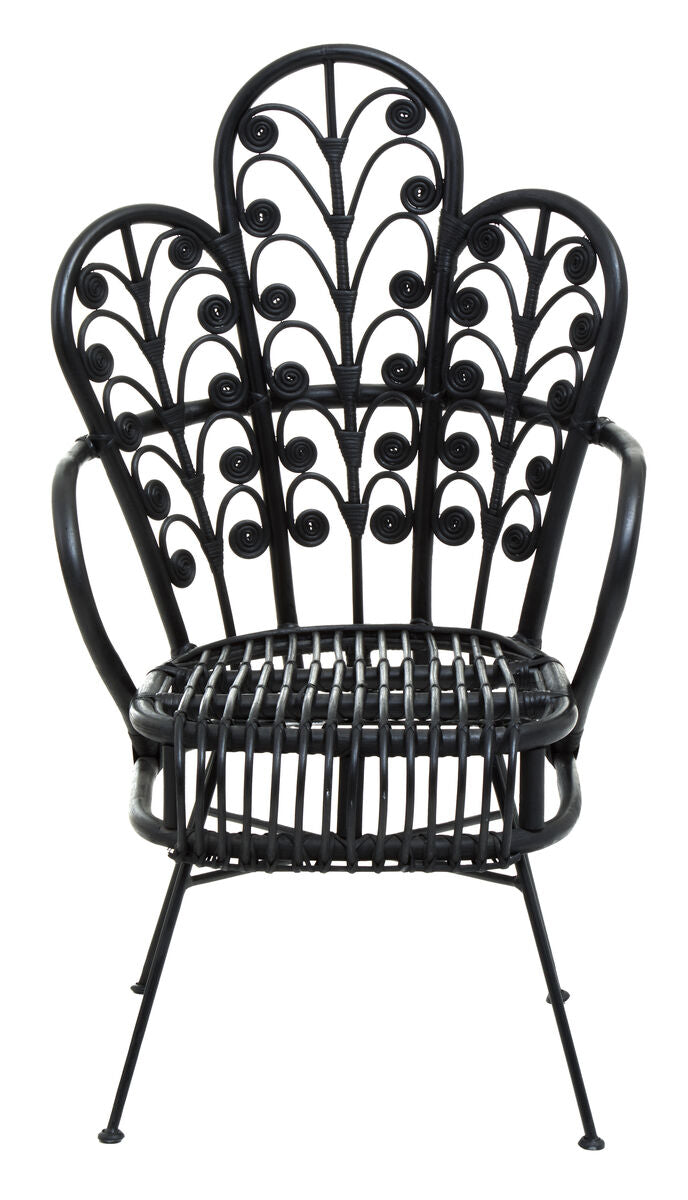 Black metal and wicker chair with decorative backrest on a white background