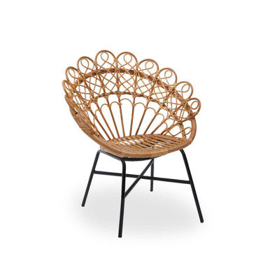 Woven chair with black metal legs on a white background