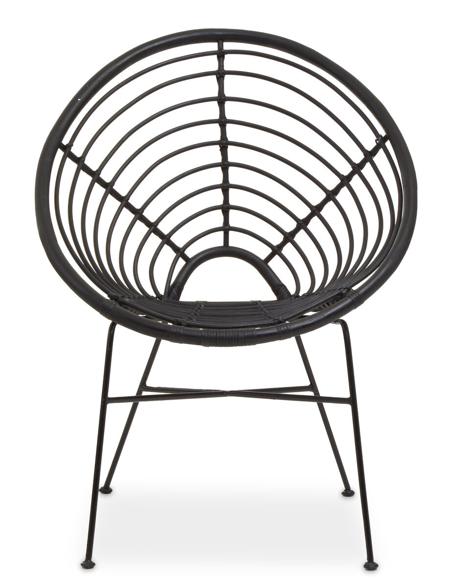 Black metal chair with circular backrest on a white background