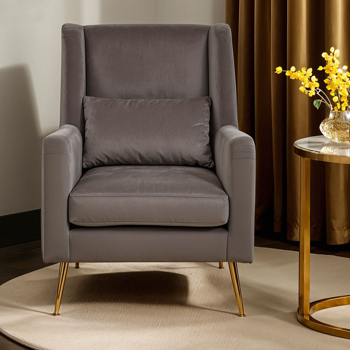 Doucet Grey Velvet Chair With Gold Finish Legs - Image 1