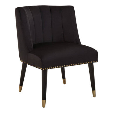 Black upholstered chair with gold accents on a white background