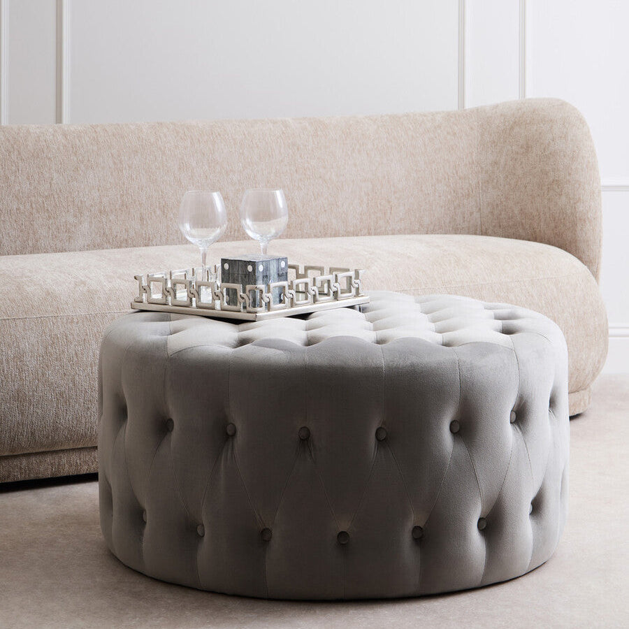 Haley Grey Velvet Round Tufted Footstool - Image 1