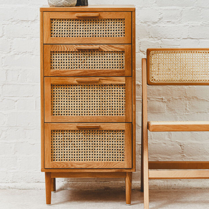 Lyon Rattan and Oak Wood Chest of Four Drawers - Image 1