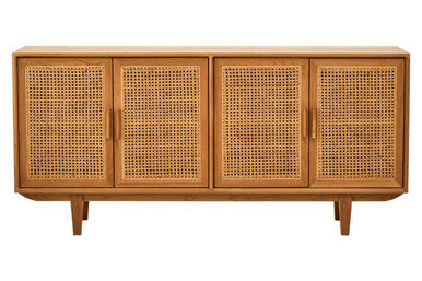 Wooden sideboard with rattan doors on a white background