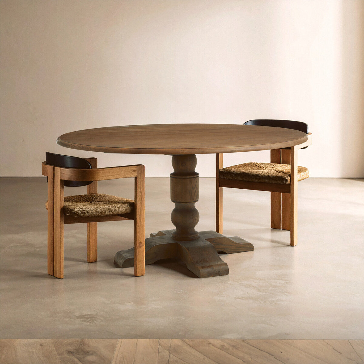Wooden dining table with two chairs in a minimalistic setting