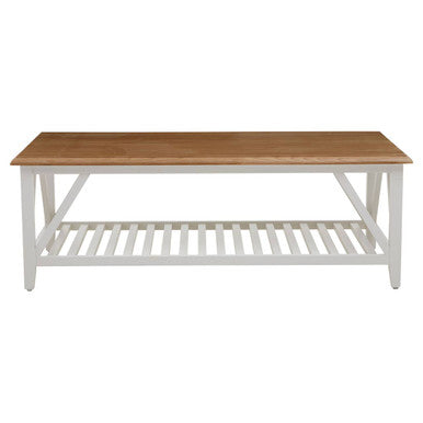 Coffee table with wooden top and white base on a white background