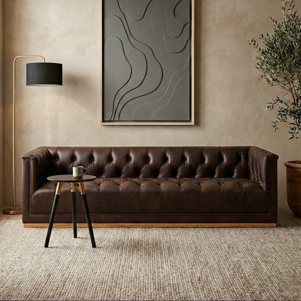 3 Seater Modern Chesterfield Dark Brown Leather Sofa, King - Image 1