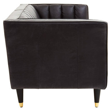 King Three Seater Black Leather Sofa With Flared Arms