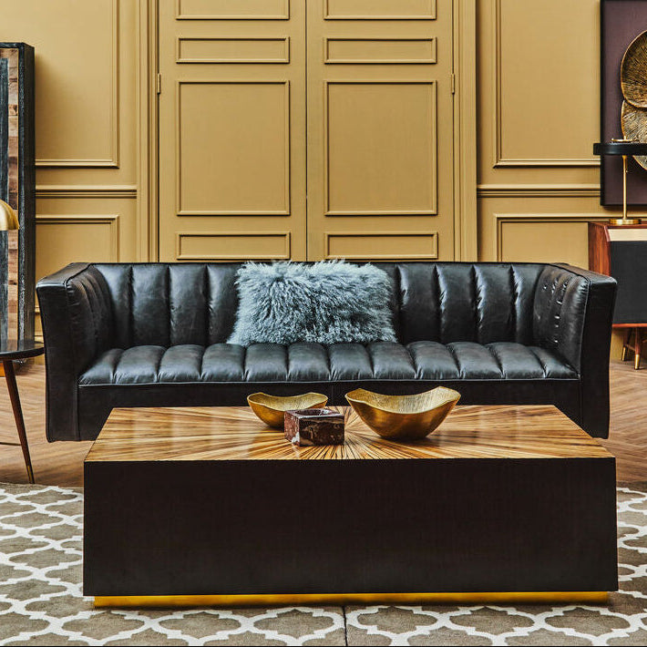 3 Seater Black Leather Sofa with Flared Arms, King - Image 1