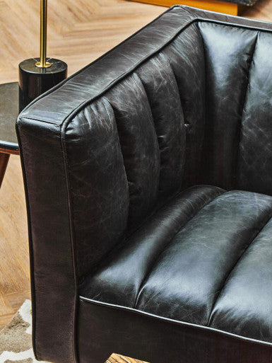 King Three Seater Black Leather Sofa With Flared Arms