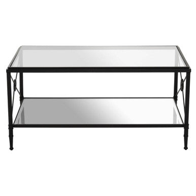 Glass coffee table with black metal frame on a white background