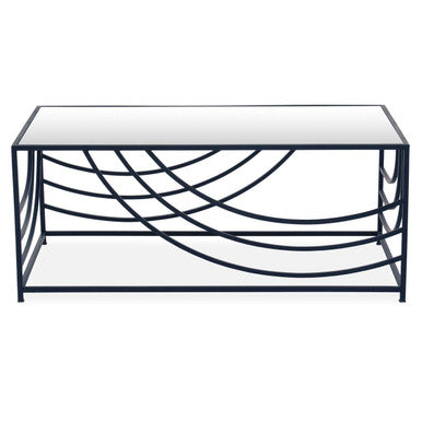 Coffee table with black metal frame and white marble top on a white background