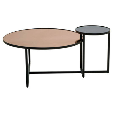 Set of two round tables with different colored tops on a white background
