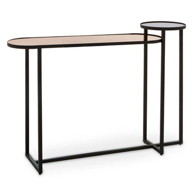Smoked Mirror Top 2-Tier Console Table with Black Asymmetric Metal Frame, Cercle