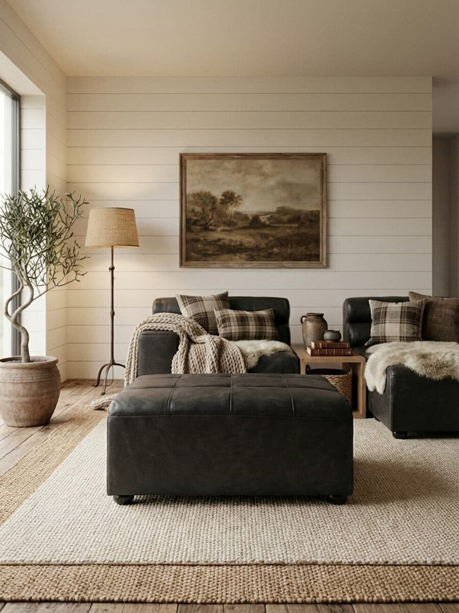 Antique Black Leather Modular Ottoman, King - Image 7