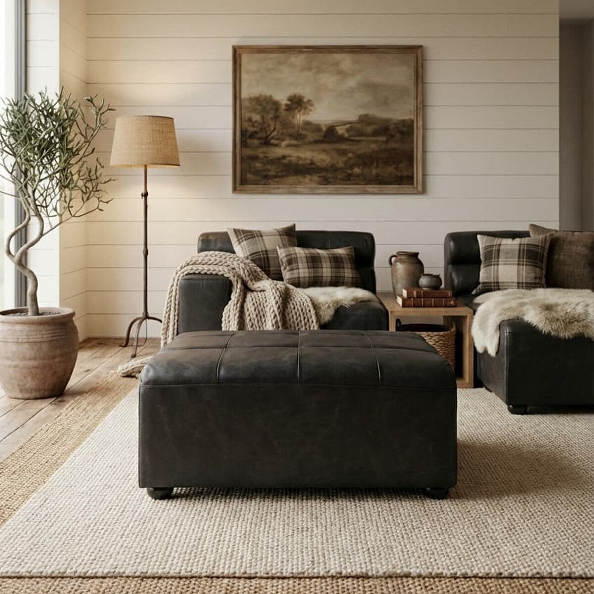 Antique Black Leather Modular Ottoman, King - Image 1