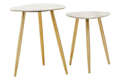 Two small round tables with white tops and wooden legs on a white background