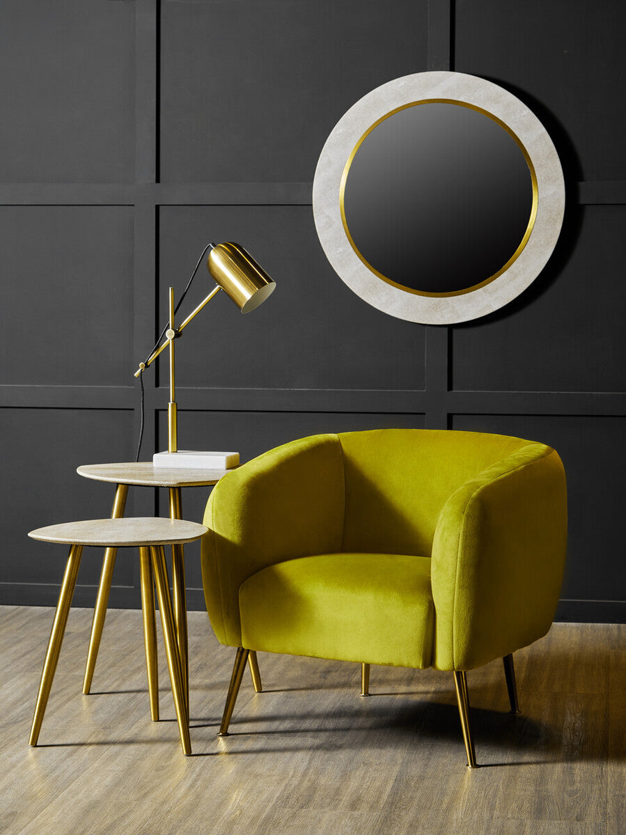 Set of 2 Natural Shagreen Leather Round Top Side Tables with Gold Finish Legs, Cadio