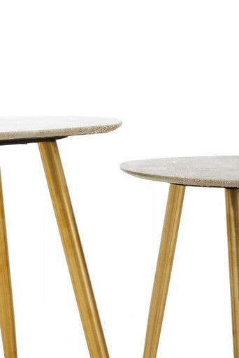 Set of 2 Natural Shagreen Leather Round Top Side Tables with Gold Finish Legs, Cadio