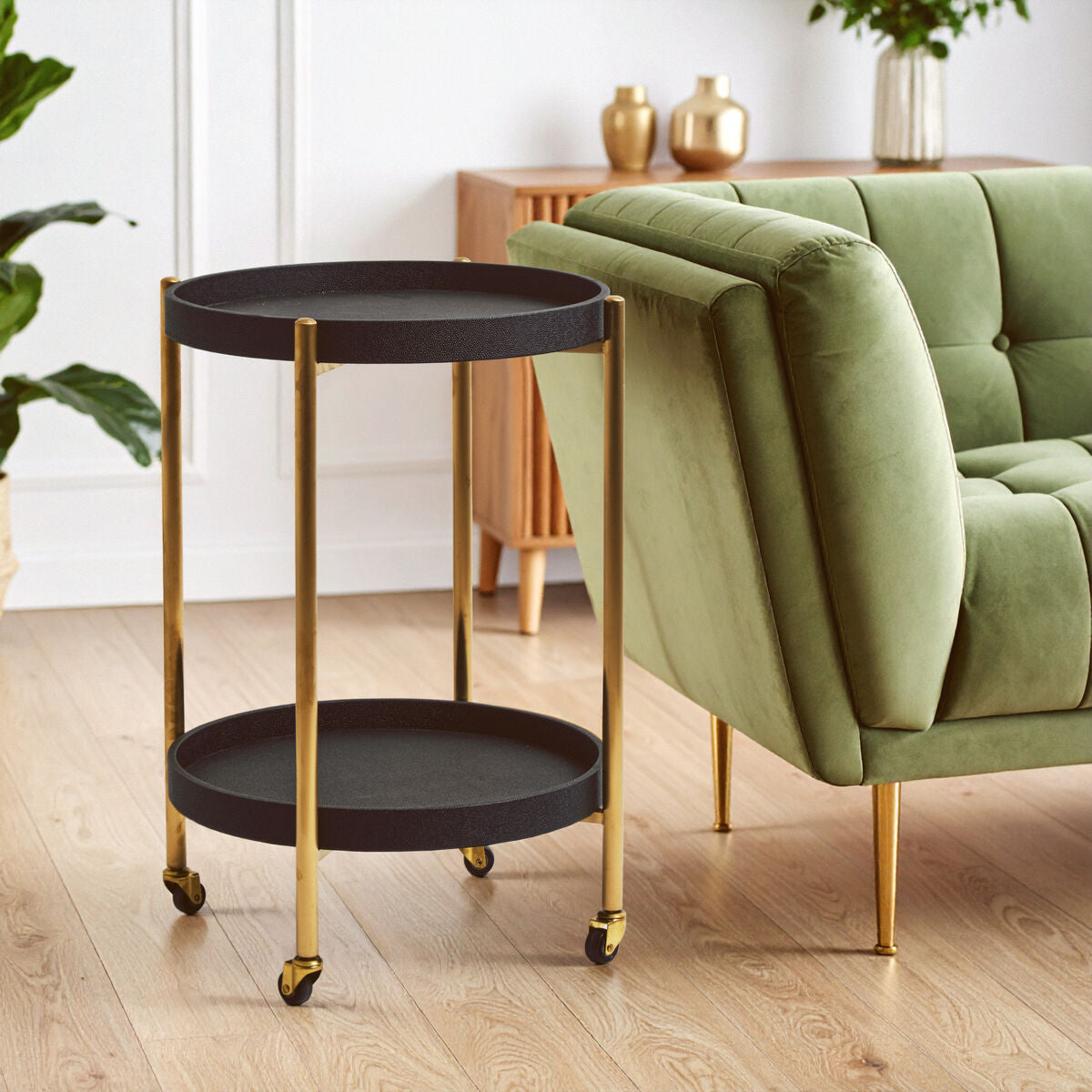 Cardoba Two Tier Black Faux Shagreen Tray Table Trolley