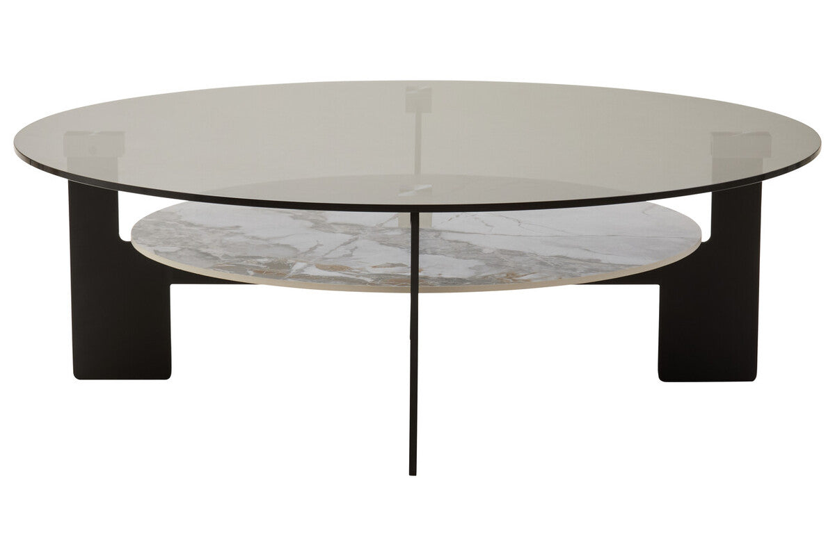Round coffee table with glass top and marble-patterned base on a white background