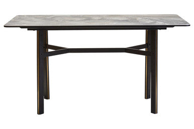 Rectangular dining table with a gray marble-like top and black metal legs on a white background