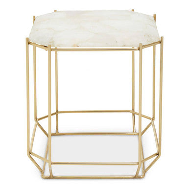 Gold geometric side table with white marble top on a white background