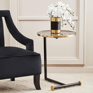 Oria Black Glass and Marble Effect Side Table - Image 1