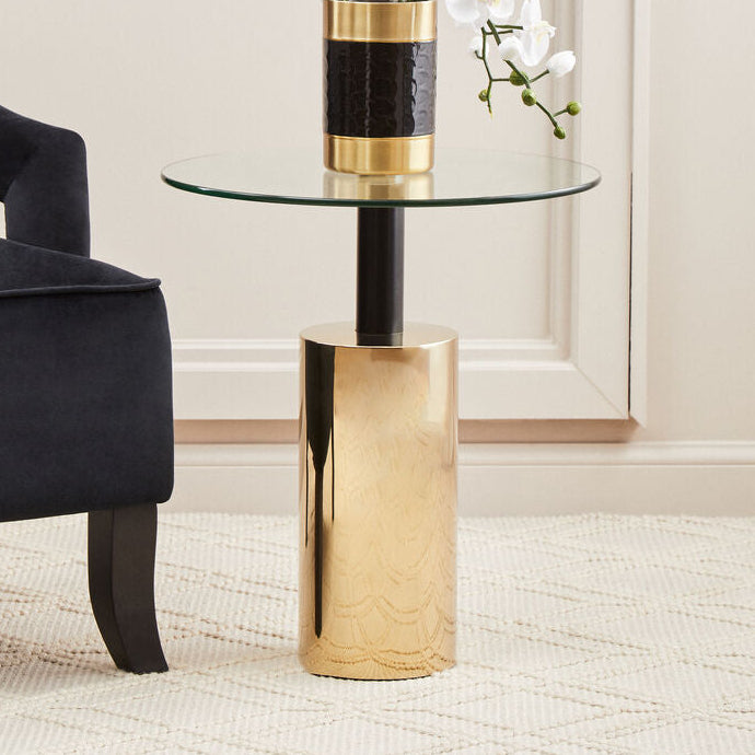 Clear Glass Top Side Table with Gold Steel Base and Black Centre Support, Oria