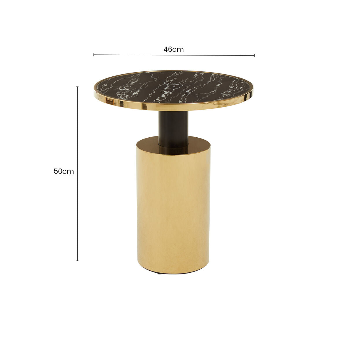 Black Marble Effect Glass Top Side Table with Gold Finished Base, Oria