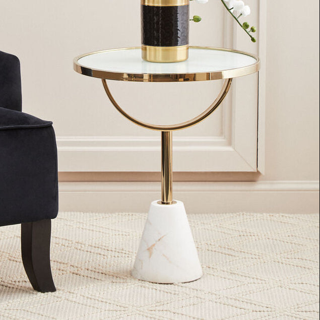 White Glass Top Side Table with Gold Metal Column and White Marble Base, Oria