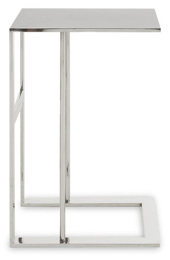 Modern side table with metallic frame and square top on a white background