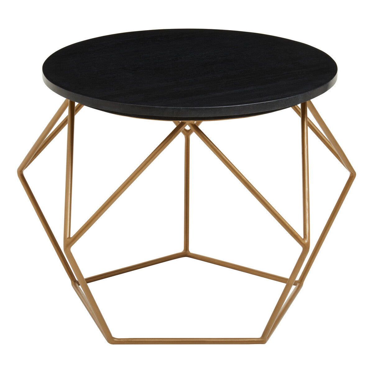 Small round table with black top and gold geometric base on a white background