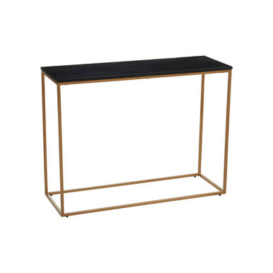 Console table with black marble top and gold metal frame on a white background