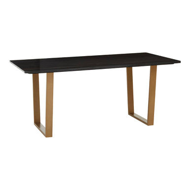 Black dining table with gold legs on a white background